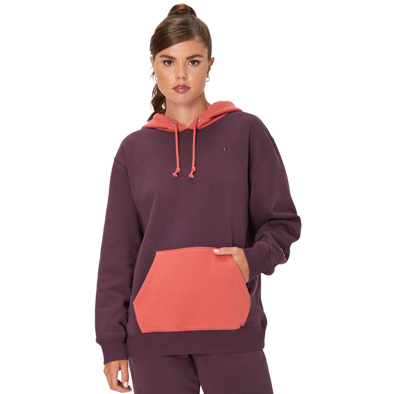 Women's Champion Hoodie, Colorblock, C Logo Rock On Purple/Picante Pink