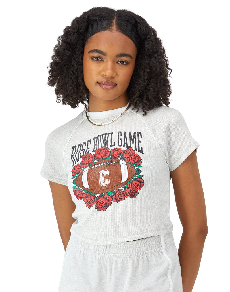 Women's Champion Riley Ringer T-Shirt, Ribbed, Rose Bowl Game Football Graphic Silver Grey/White