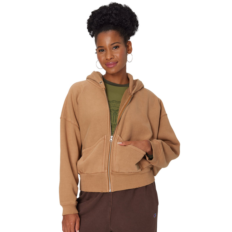 Women's Champion Reverse Weave Zip-Up Hoodie, Vintage Wash, Dry Goods Time Capsule Briefly Brown