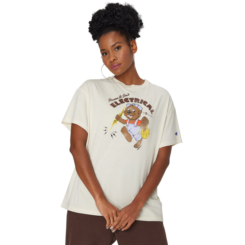 Women's Champion Graphic Stadium T-Shirt, Beaver & Son's Electrical Washed Natural