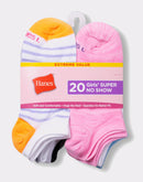 Hanes Girls' Super No Show Socks 20-Pack Assorted