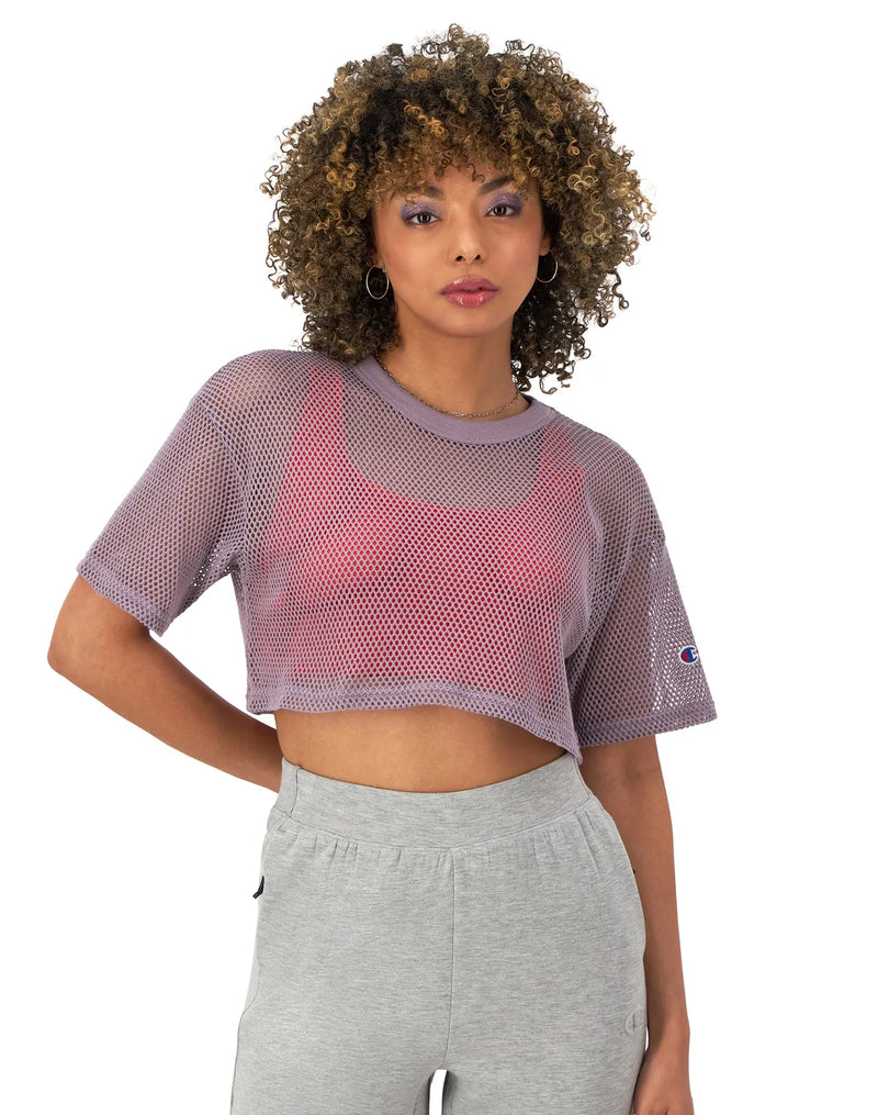 Women's Champion Mesh Shirt, Cropped, C Logo Frosted Plum