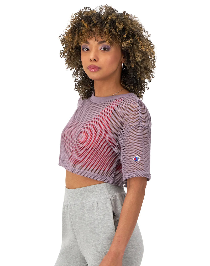 Women's Champion Mesh Shirt, Cropped, C Logo Frosted Plum