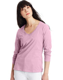 Hanes Women's Long Sleeve Cotton V-Neck T-Shirt Pink Swish