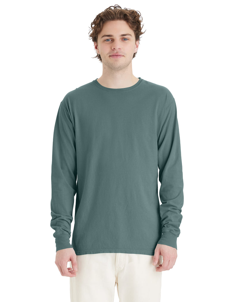 Hanes Unisex Garment Dyed Long Sleeve Cotton T-Shirt Cypress Green