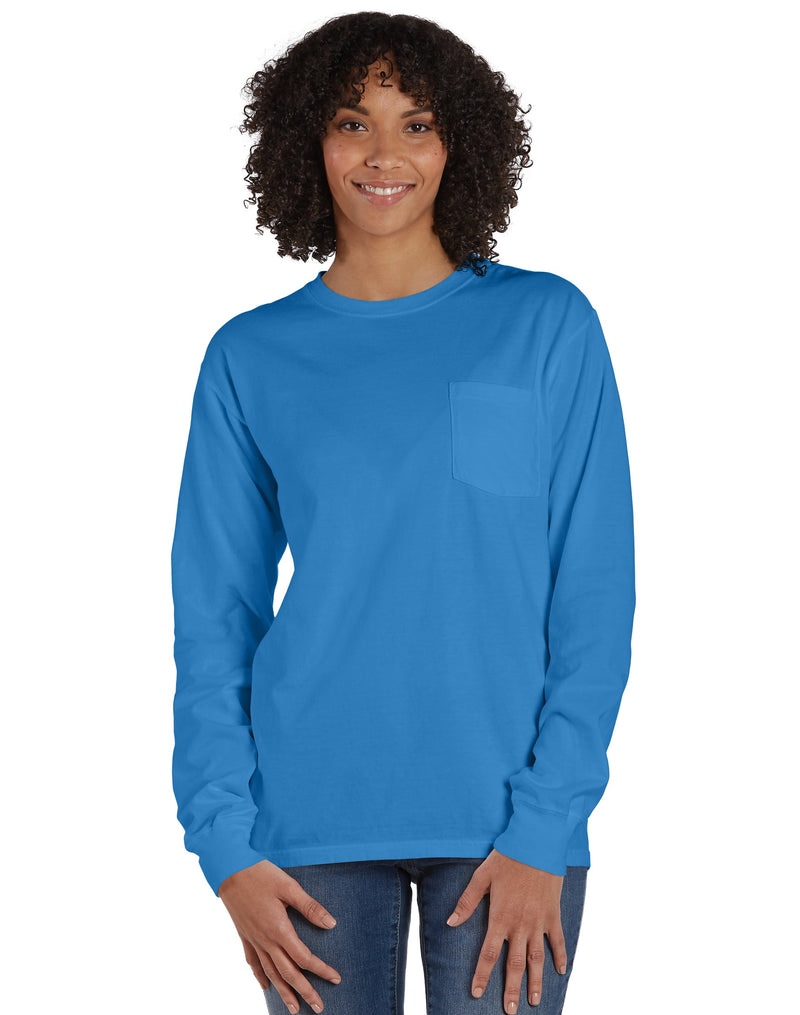 Hanes Unisex Garment Dyed Long Sleeve Pocket T-Shirt Summer Sky Blue