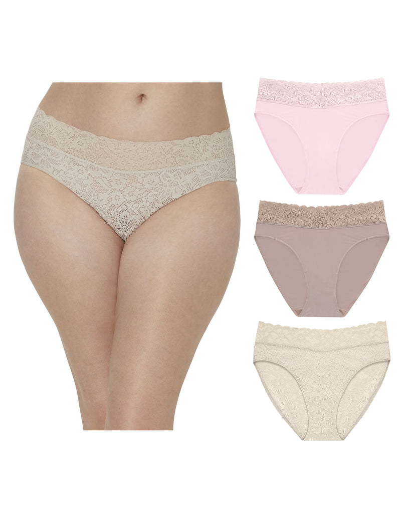 Maidenform Perfect Fit Stretch Lace High Leg Underwear, 3-Pack Ballerina Slipper/Evening Blush/Beige Bisque
