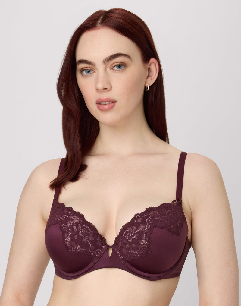 Maidenform Comfort Devotion Your Lift Underwire Bra, Convertible Straps Nightfire Red W/ Currant Pur