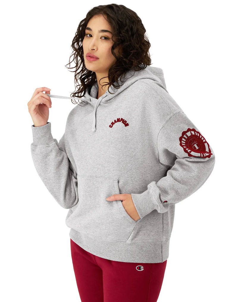 Women's Champion Powerblend Hoodie, Collegiate Laurel, Arched Classic Script Oxford Grey