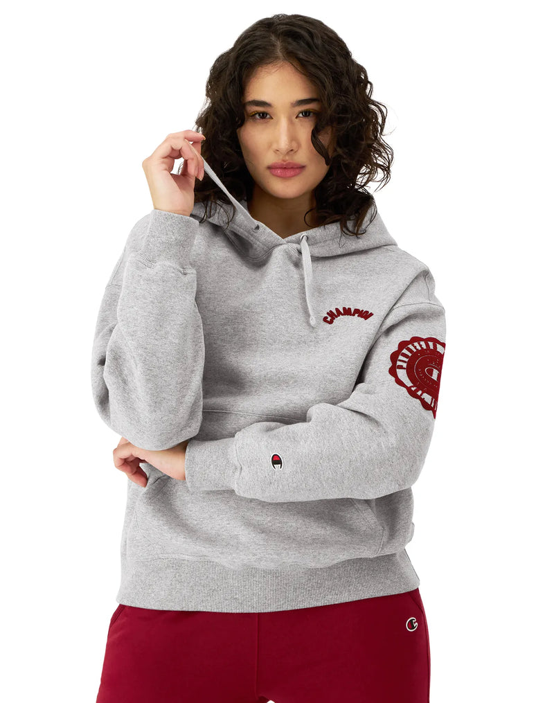 Women's Champion Powerblend Hoodie, Collegiate Laurel, Arched Classic Script Oxford Grey