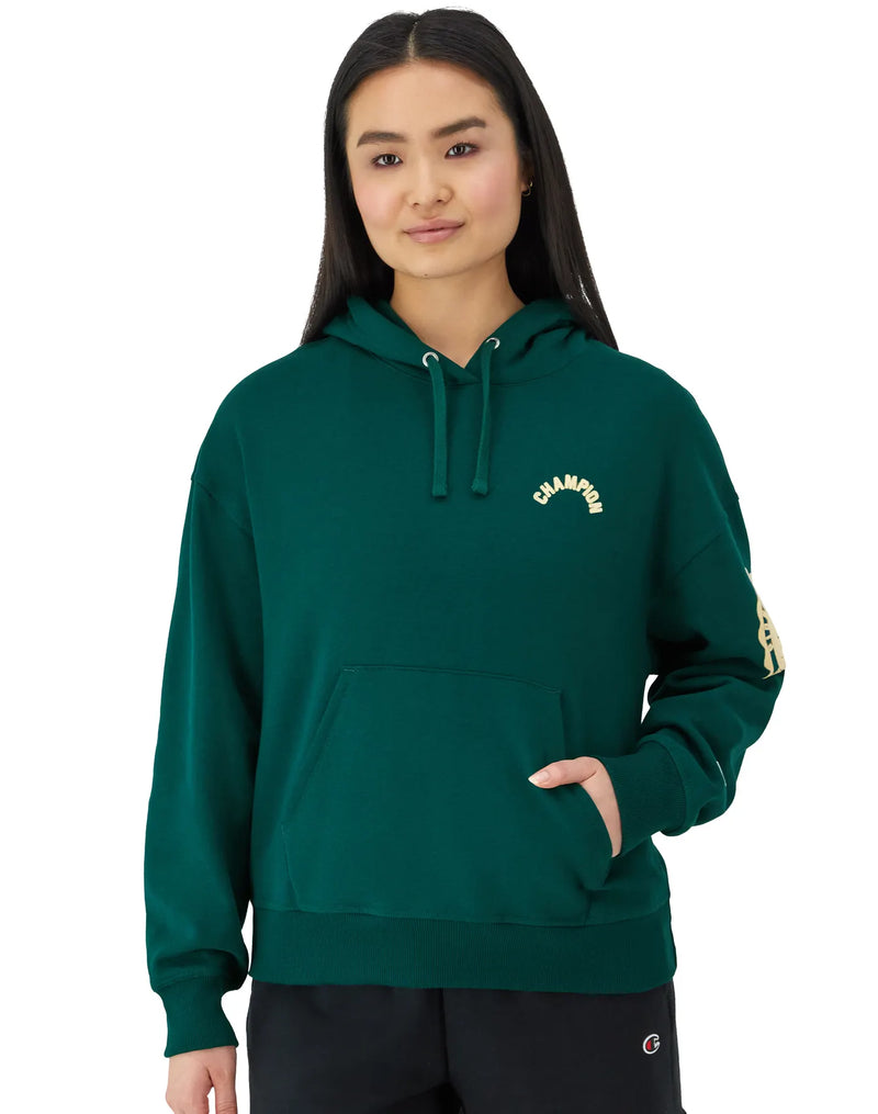 Women's Champion Powerblend Hoodie, Collegiate Laurel, Arched Classic Script Night Garden