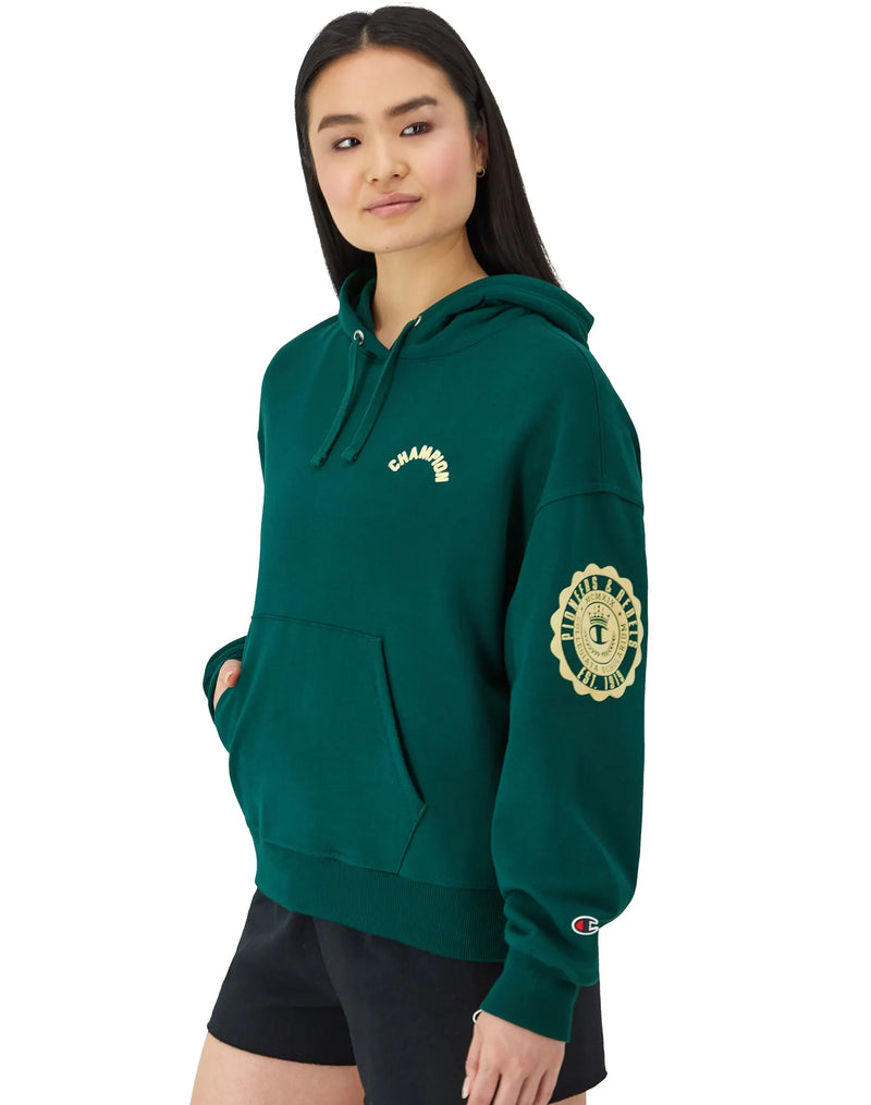 Women's Champion Powerblend Hoodie, Collegiate Laurel, Arched Classic Script Night Garden