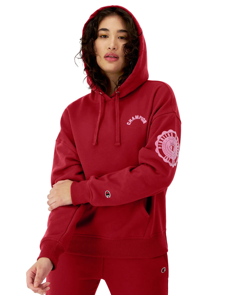 Women's Champion Powerblend Hoodie, Collegiate Laurel, Arched Classic Script Cardinal