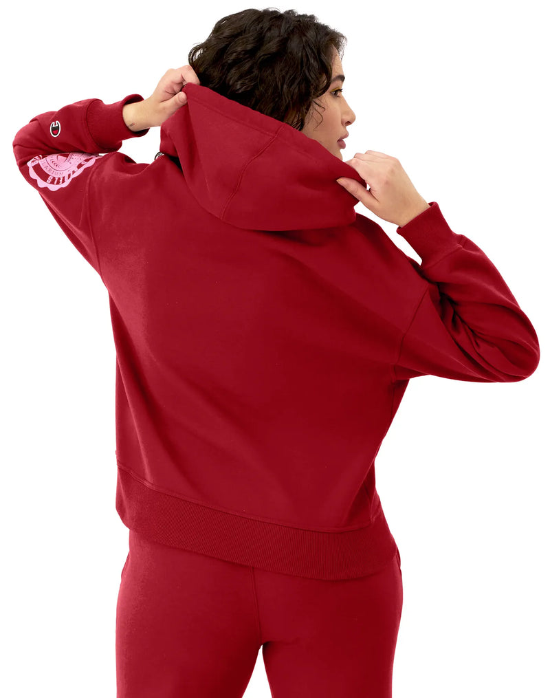 Women's Champion Powerblend Hoodie, Collegiate Laurel, Arched Classic Script Cardinal