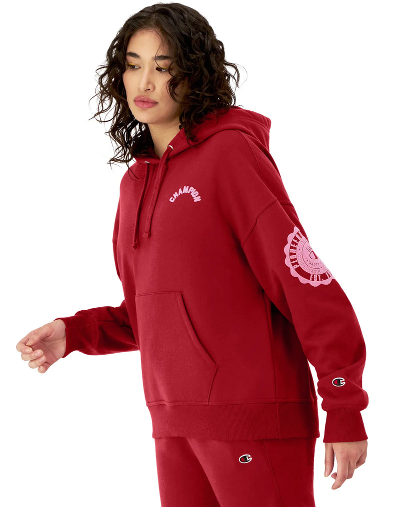 Women's Champion Powerblend Hoodie, Collegiate Laurel, Arched Classic Script Cardinal