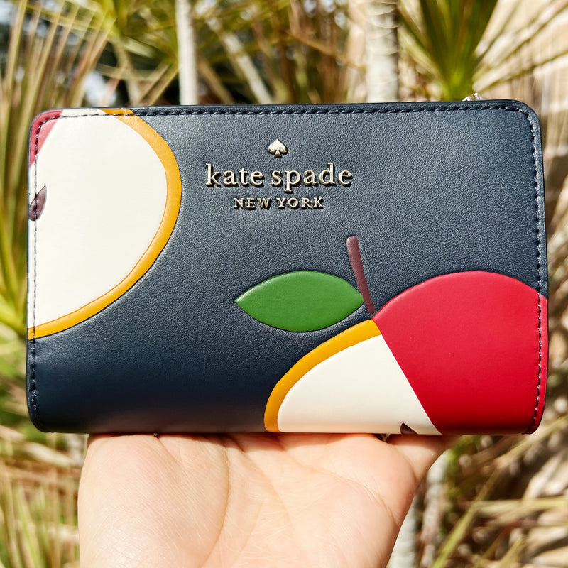 Kate Spade Honeycrisp Apple Medium Compact Bifold Wallet Blue Multi