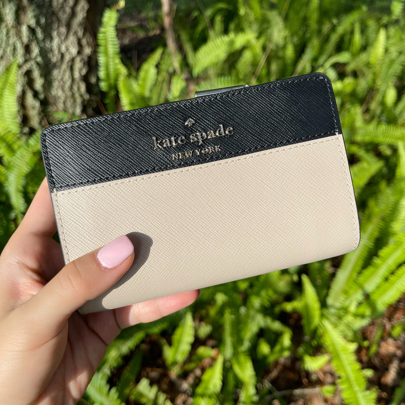 Kate Spade Staci Medium Compact Bifold Wallet Warm Beige Black Multi