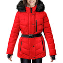 London Fog Women's Belted Puffer Jacket with Removable Faux Fur Hood (Red, S)