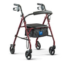 Medline Steel Rollator Walker, Folding Rolling Walker, 6" Wheels, 350lb Weight Capacity, Burgundy Red Frame