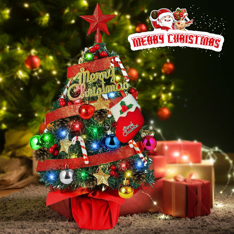 Melliful 24" Pre-Li Tabletop Mini Christmas Tree Set with LED Light and Star Wooden Base