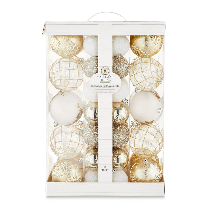 My Texas House Gold and White Hanging Shatterproof Ornament Set, 62 Count
