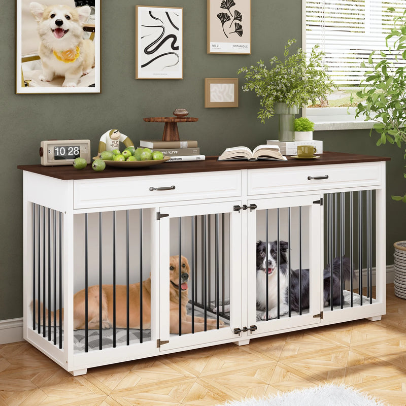 72.4" Large Double Dog Crate Furniture with Divider and 2 Drawers for 2 Medium or Large Dogs