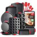 Nonstick Bakeware Set - 15 PC Baking Tray Set With Silicone Handles & Utensils - Baking Pans, Black
