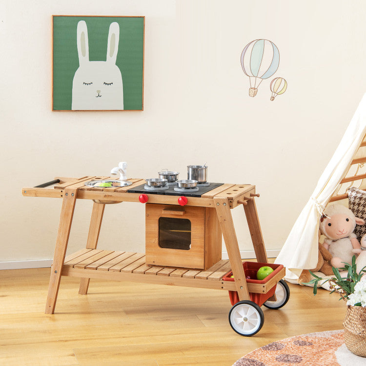 Wooden Play Cart with Sun Proof Umbrella for Toddlers Over 3 Years Old