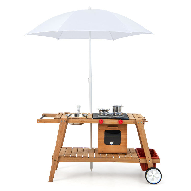 Wooden Play Cart with Sun Proof Umbrella for Toddlers Over 3 Years Old