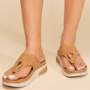 Platform Flip Flops for Women Light Wedge Sandals Fashion Buckle T-Strap Comfort Walking Summer Shoes Brown 9