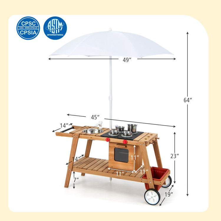 Wooden Play Cart with Sun Proof Umbrella for Toddlers Over 3 Years Old