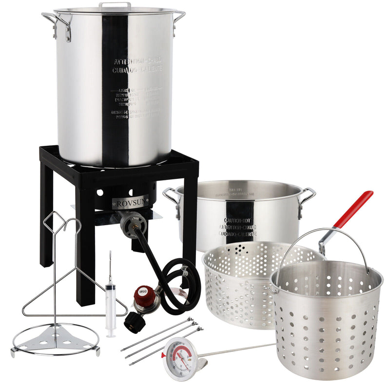 30QT Aluminum Turkey Deep Fryer & 10QT Fish Fryer Kit w/ 55000BTU Propane Burner Outdoor