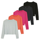 Real Essentials 5 Pack: Women's Dry Fit Crop Top - Long Sleeve Crew Neck Stretch Athletic Tee (Available in Plus Size)
