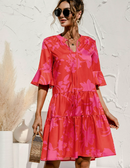 QINCAO Women Dresses Summer Dress V-Neck Short Sleeve T-Shirt Dress Babydoll Ruffles Casual Mini Female Dress Red