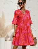 QINCAO Women Dresses Summer Dress V-Neck Short Sleeve T-Shirt Dress Babydoll Ruffles Casual Mini Female Dress Red