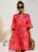 QINCAO Women Dresses Summer Dress V-Neck Short Sleeve T-Shirt Dress Babydoll Ruffles Casual Mini Female Dress Red