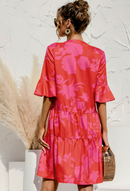 QINCAO Women Dresses Summer Dress V-Neck Short Sleeve T-Shirt Dress Babydoll Ruffles Casual Mini Female Dress Red