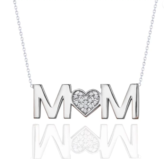 MOM Diamond Pendant Necklace in 18K White Gold over Silver
