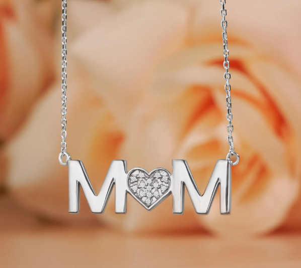 MOM Diamond Pendant Necklace in 18K White Gold over Silver