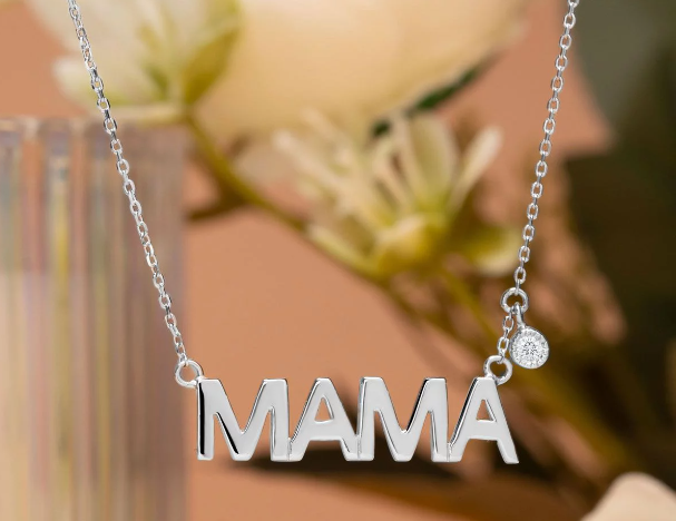 MAMA Diamond Pendant Necklace in 18K White Gold over Silver