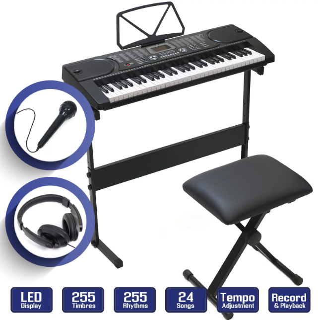 61-Key Electronic Keyboard Piano with Stand, Stool, Headphones and Microphone