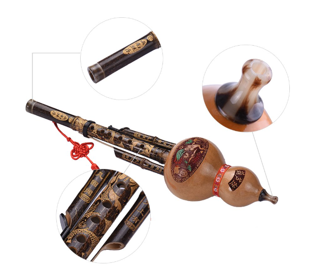 Chinese Handmade Black Bamboo Hulusi Gourd Cucurbit Flute Ethnic Musical Instrument Key of C with Case for Beginner Music Lovers