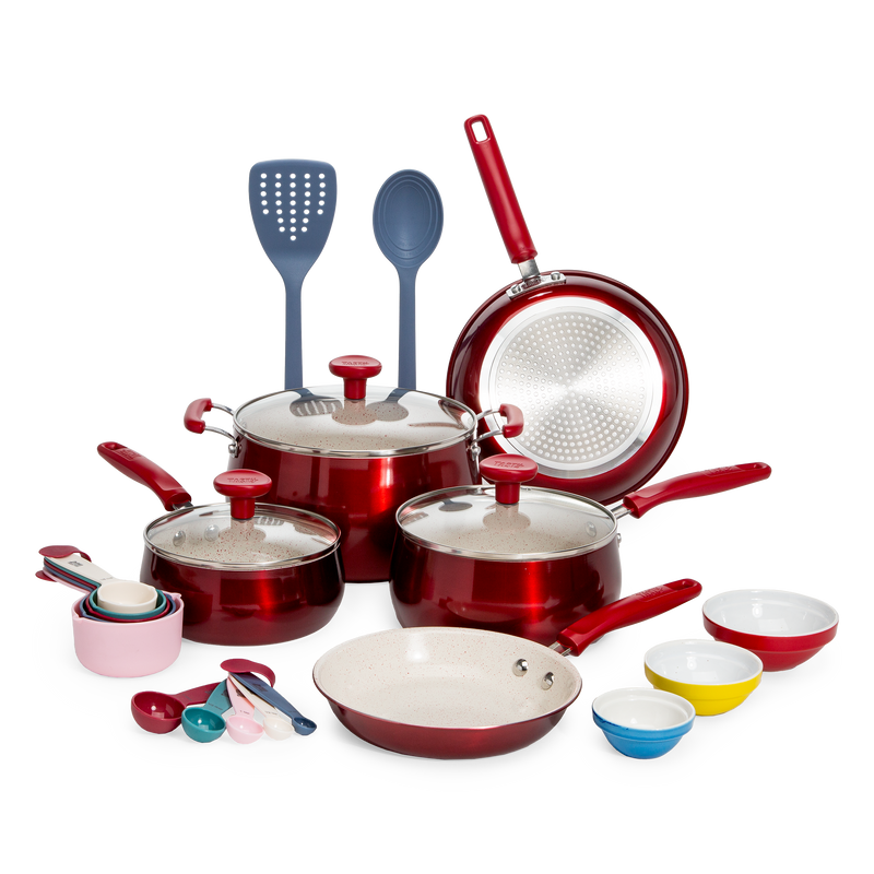 Tasty Clean Ceramic 23 Piece Non-Stick Aluminum Cookware Set, Red