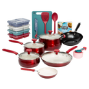 Tasty Clean Ceramic 24 Piece Non-Stick Aluminum Cookware Set, Red