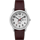 Timex Men's Easy Reader 35mm Day-Date Watch – Silver-Tone Case White Dial with Dark Brown Leather Strap