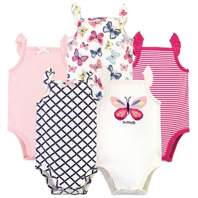 Touched by Nature Baby Girl Organic Cotton Bodysuits 5pk, Bright Butterflies, 12-18 Months