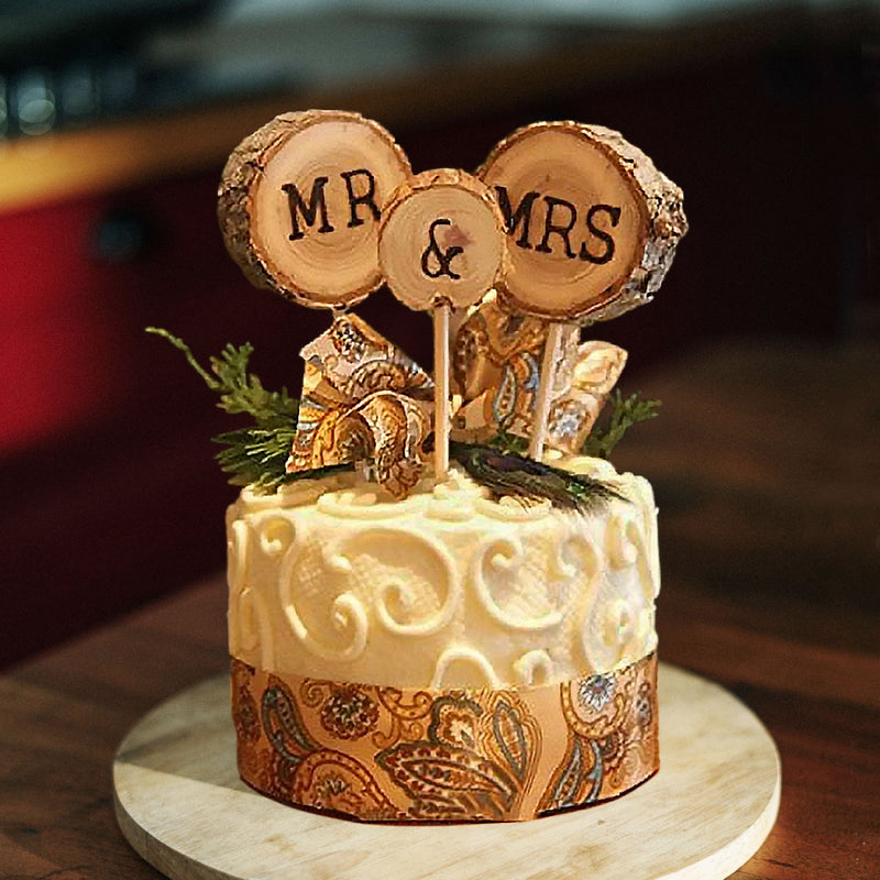 Wooden Round Mr Mrs Shabby Chic Rustic Wedding Cake Topper Pick Decoration-1 Set