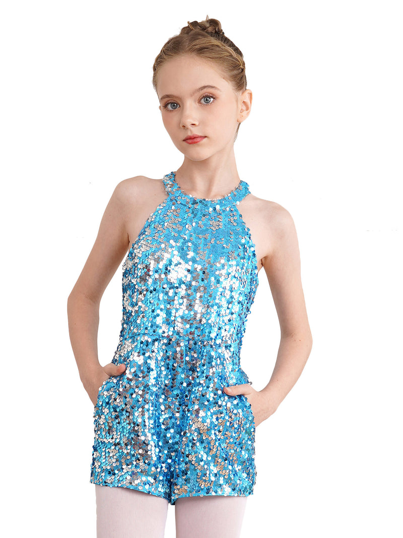 Yeahdor Girls Halter Neck Allover Sparkle Sequins Romper Festival Formal Suit Dance Prom Jumpsuit Light Blue 12