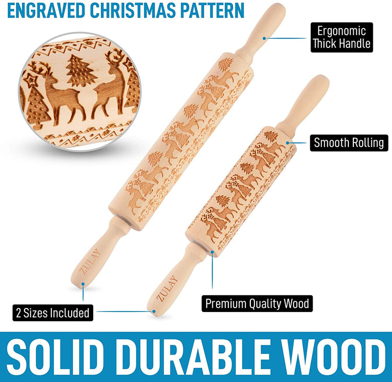 Zulay Kitchen Set of 2 Embossed Rolling Pin - Wood Carved Large & Small with Deep Engraved Patterns