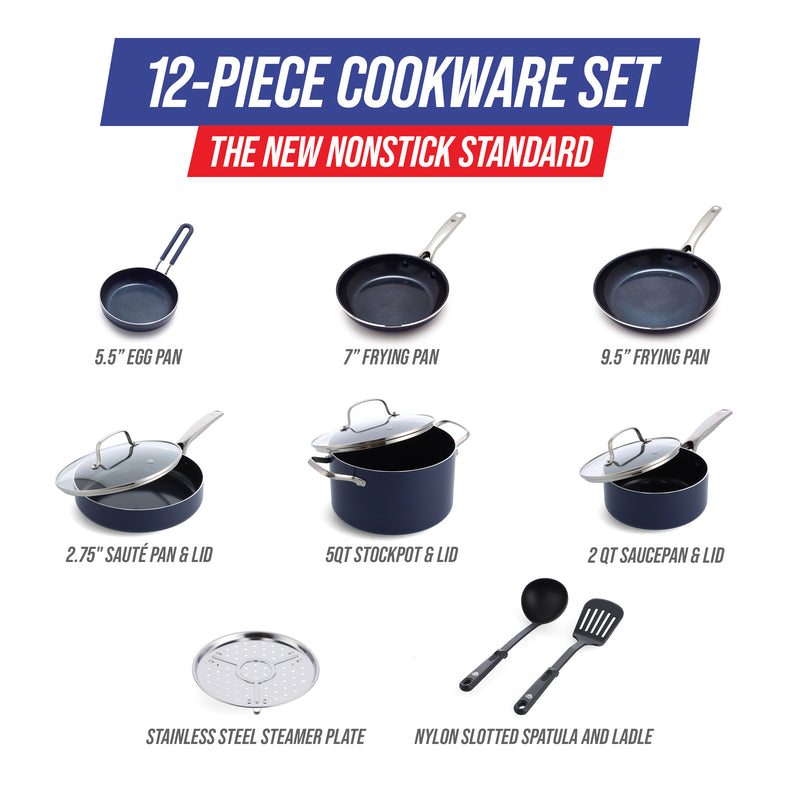 Blue Diamond 12-Piece Toxin-Free Ceramic Nonstick Pots and Pans Cookware Set, Dishwasher Safe